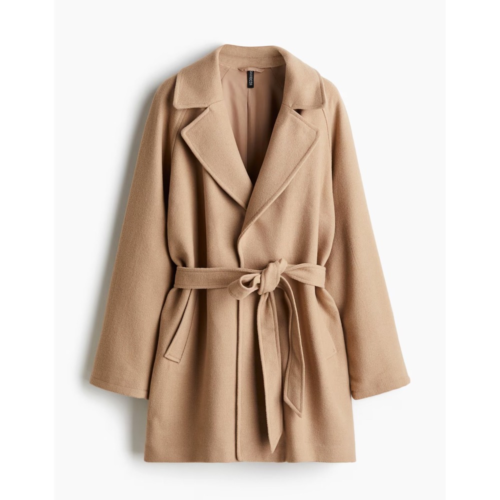 H&M Divided Camel Tan Belted Wrap Coat Notched Lapel XL NEW